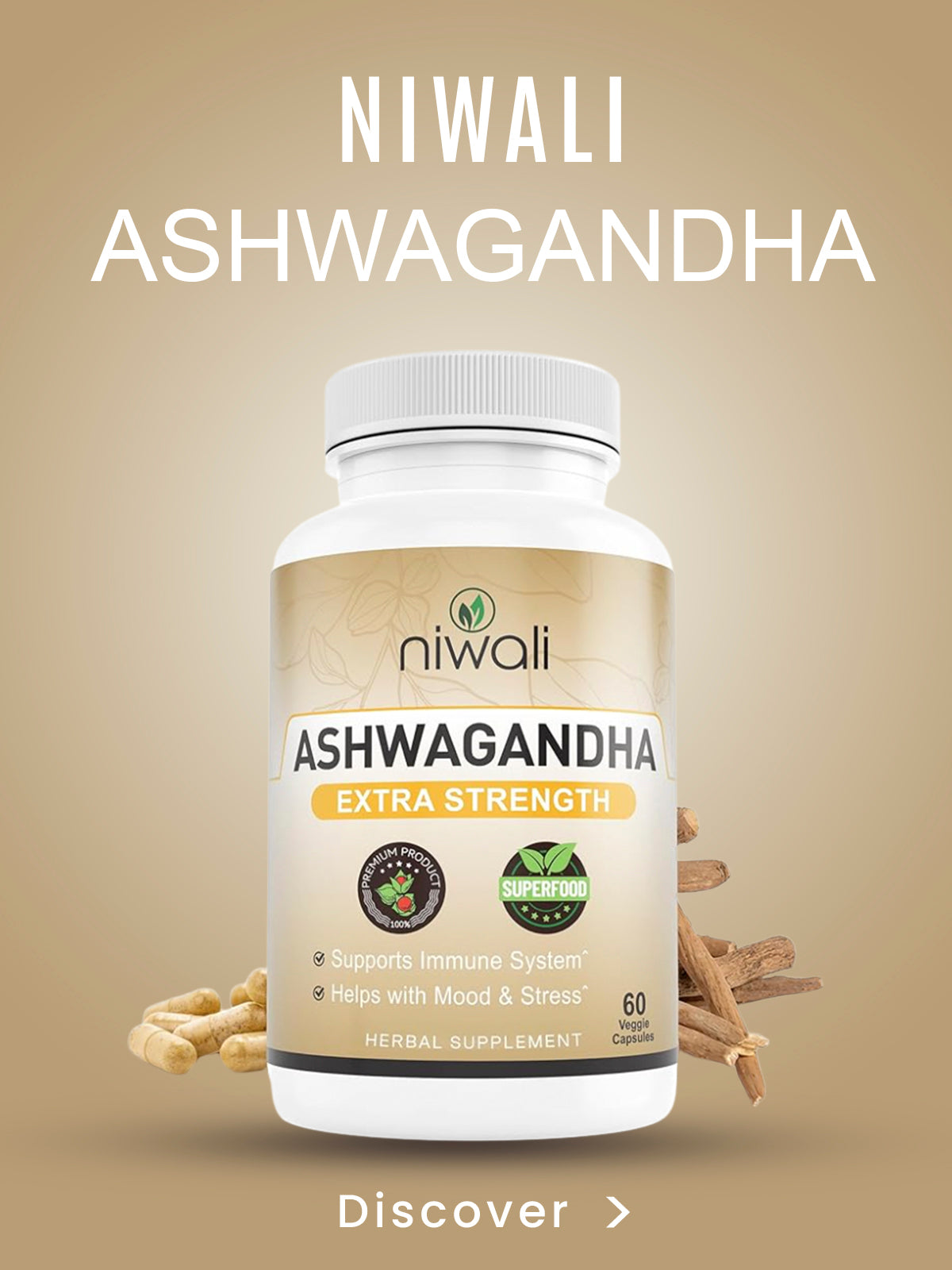 Niwali Ashwagandha Capsules | Organic Ayurvedic Supplement | With Black Pepper, 60 Count