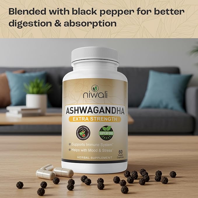 Niwali Ashwagandha Capsules | Organic Ayurvedic Supplement | With Black Pepper, 60 Count